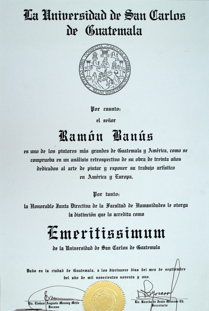 Diploma: Emeritissimum, Facultad de Humanidades, Universidad de San Carlos de Guatemala